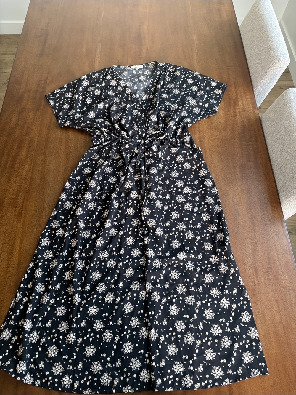 Black Floral Wrap Midi Dress with Tie Waist